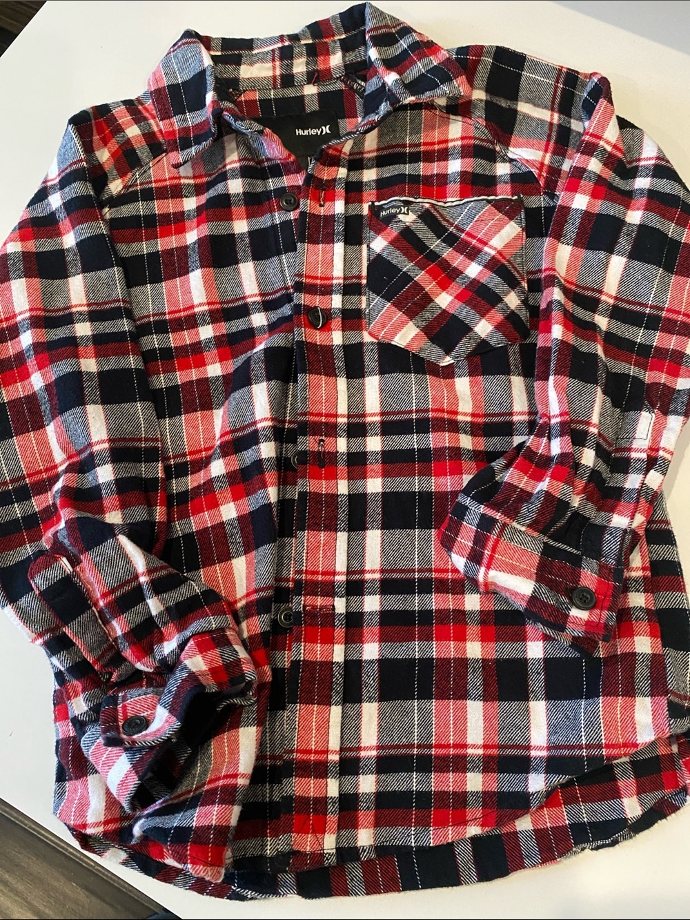 Hurley Red, Black & White Plaid Kids flannel shirt size 5